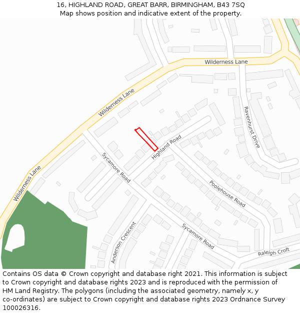 16, HIGHLAND ROAD, GREAT BARR, BIRMINGHAM, B43 7SQ: Location map and indicative extent of plot