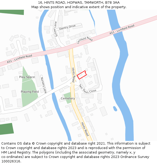 16, HINTS ROAD, HOPWAS, TAMWORTH, B78 3AA: Location map and indicative extent of plot