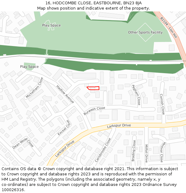 16, HODCOMBE CLOSE, EASTBOURNE, BN23 8JA: Location map and indicative extent of plot