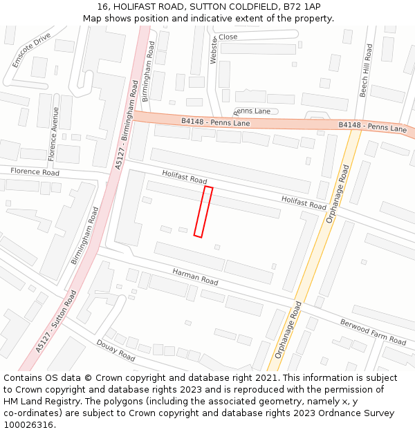 16, HOLIFAST ROAD, SUTTON COLDFIELD, B72 1AP: Location map and indicative extent of plot