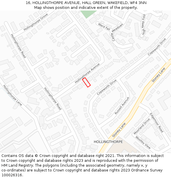 16, HOLLINGTHORPE AVENUE, HALL GREEN, WAKEFIELD, WF4 3NN: Location map and indicative extent of plot