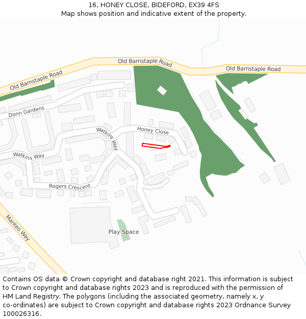 16, HONEY CLOSE, BIDEFORD, EX39 4FS: Location map and indicative extent of plot