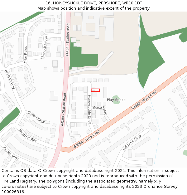 16, HONEYSUCKLE DRIVE, PERSHORE, WR10 1BT: Location map and indicative extent of plot