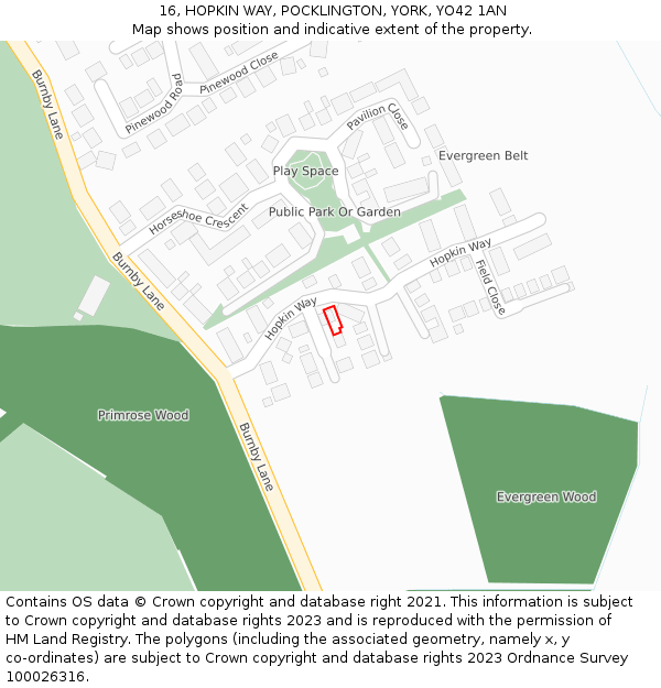 16, HOPKIN WAY, POCKLINGTON, YORK, YO42 1AN: Location map and indicative extent of plot