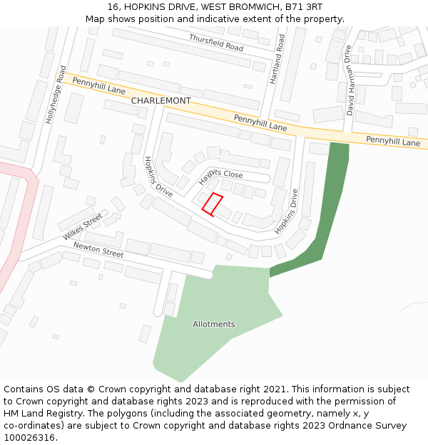 16, HOPKINS DRIVE, WEST BROMWICH, B71 3RT: Location map and indicative extent of plot