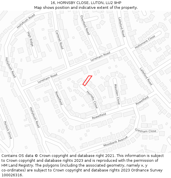 16, HORNSBY CLOSE, LUTON, LU2 9HP: Location map and indicative extent of plot