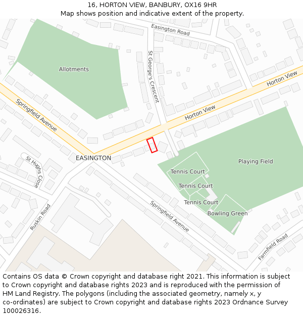 16, HORTON VIEW, BANBURY, OX16 9HR: Location map and indicative extent of plot