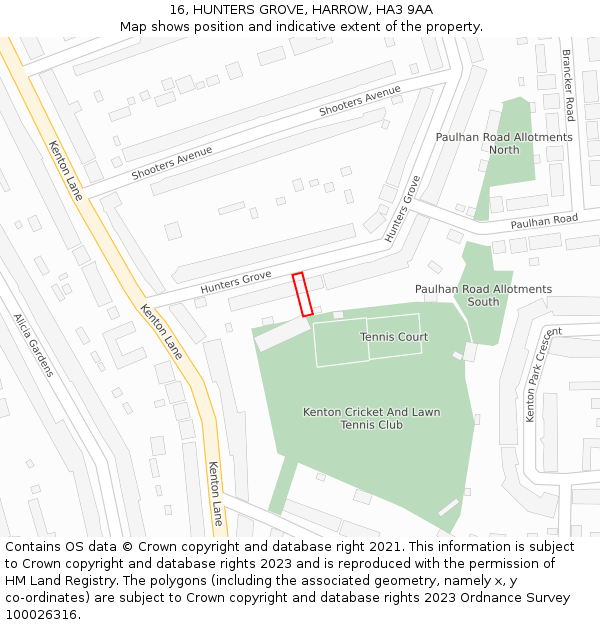 16, HUNTERS GROVE, HARROW, HA3 9AA: Location map and indicative extent of plot