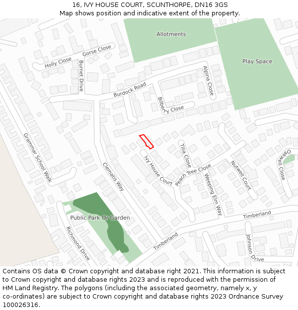 16, IVY HOUSE COURT, SCUNTHORPE, DN16 3GS: Location map and indicative extent of plot