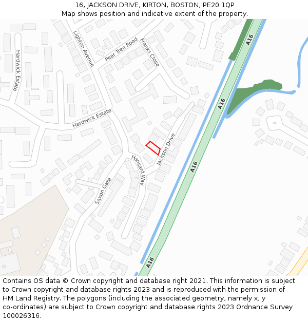 16, JACKSON DRIVE, KIRTON, BOSTON, PE20 1QP: Location map and indicative extent of plot