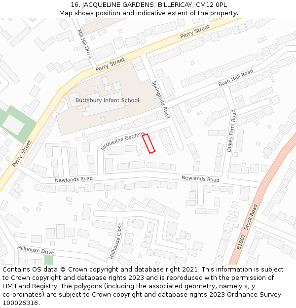 16, JACQUELINE GARDENS, BILLERICAY, CM12 0PL: Location map and indicative extent of plot