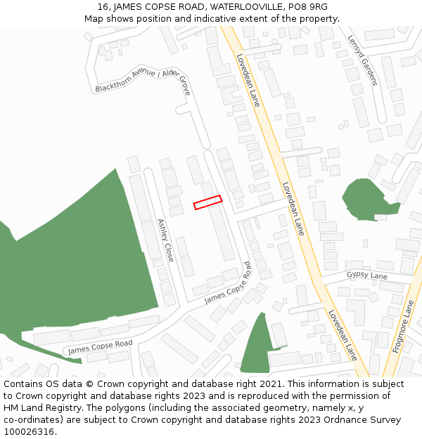 16, JAMES COPSE ROAD, WATERLOOVILLE, PO8 9RG: Location map and indicative extent of plot