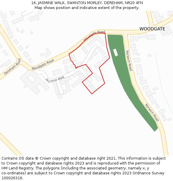 16, JASMINE WALK, SWANTON MORLEY, DEREHAM, NR20 4FN: Location map and indicative extent of plot