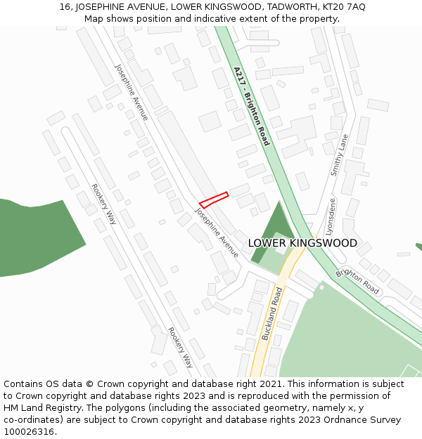 16, JOSEPHINE AVENUE, LOWER KINGSWOOD, TADWORTH, KT20 7AQ: Location map and indicative extent of plot