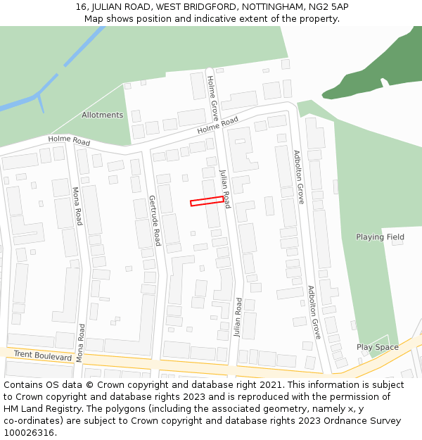 16, JULIAN ROAD, WEST BRIDGFORD, NOTTINGHAM, NG2 5AP: Location map and indicative extent of plot