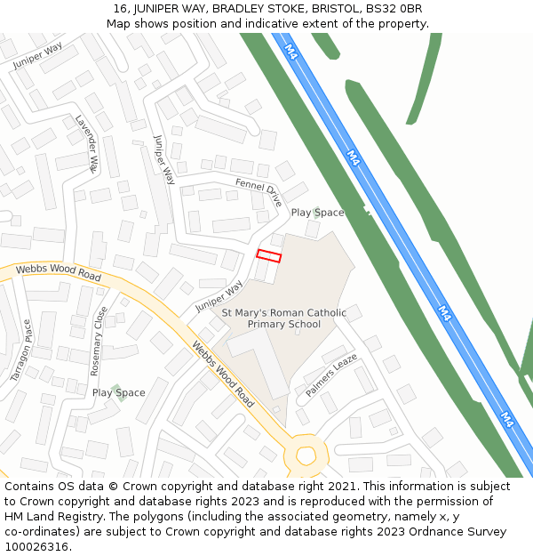 16, JUNIPER WAY, BRADLEY STOKE, BRISTOL, BS32 0BR: Location map and indicative extent of plot