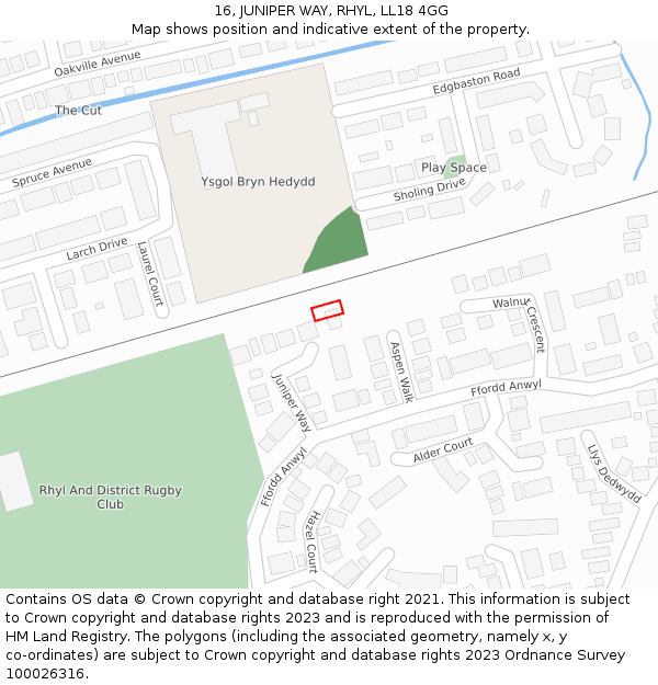 16, JUNIPER WAY, RHYL, LL18 4GG: Location map and indicative extent of plot