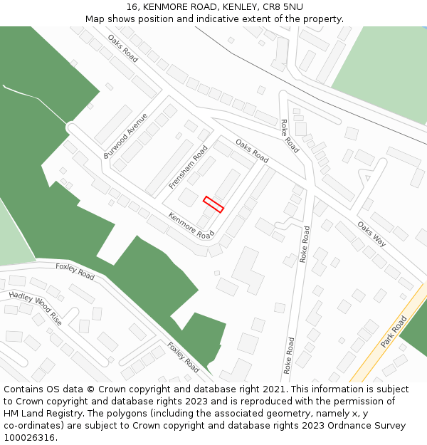 16, KENMORE ROAD, KENLEY, CR8 5NU: Location map and indicative extent of plot