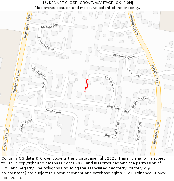 16, KENNET CLOSE, GROVE, WANTAGE, OX12 0NJ: Location map and indicative extent of plot