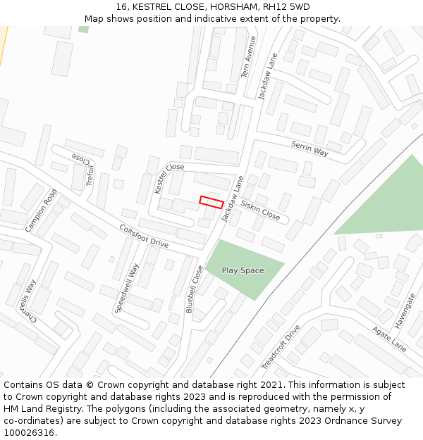 16, KESTREL CLOSE, HORSHAM, RH12 5WD: Location map and indicative extent of plot