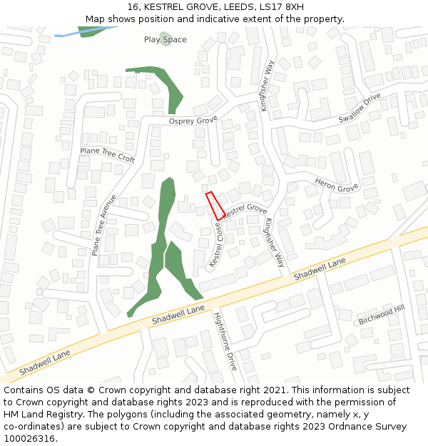 16, KESTREL GROVE, LEEDS, LS17 8XH: Location map and indicative extent of plot