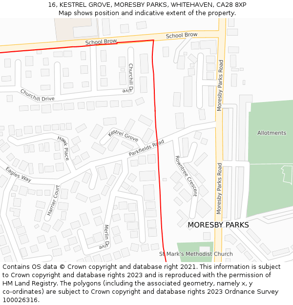 16, KESTREL GROVE, MORESBY PARKS, WHITEHAVEN, CA28 8XP: Location map and indicative extent of plot