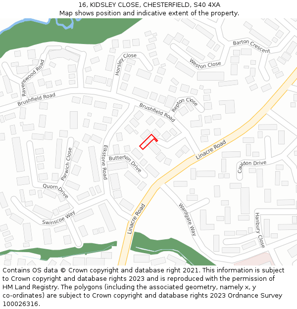 16, KIDSLEY CLOSE, CHESTERFIELD, S40 4XA: Location map and indicative extent of plot