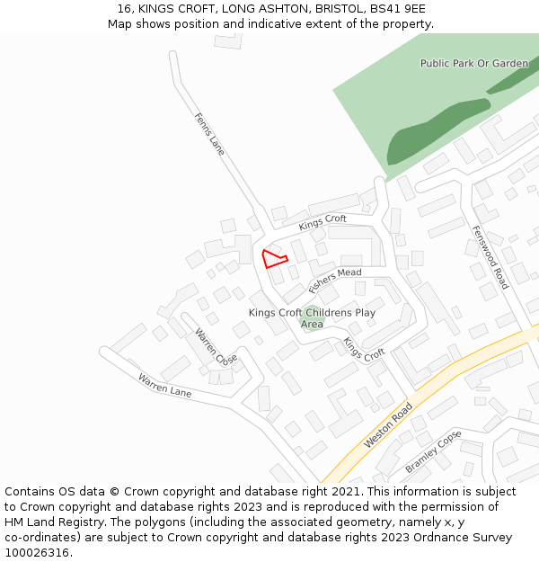 16, KINGS CROFT, LONG ASHTON, BRISTOL, BS41 9EE: Location map and indicative extent of plot