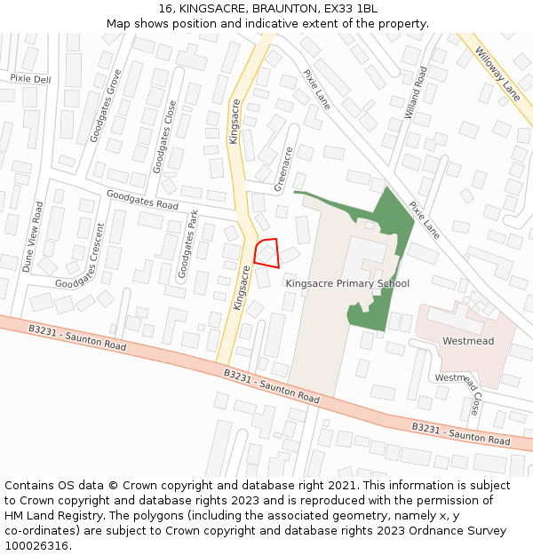 16, KINGSACRE, BRAUNTON, EX33 1BL: Location map and indicative extent of plot