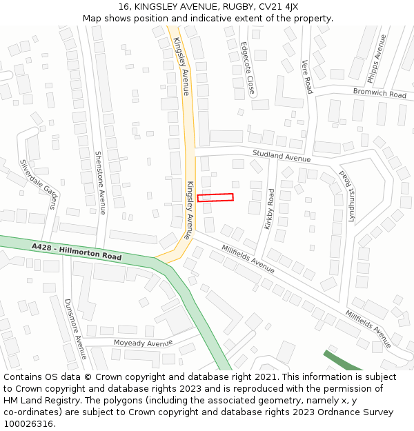 16, KINGSLEY AVENUE, RUGBY, CV21 4JX: Location map and indicative extent of plot