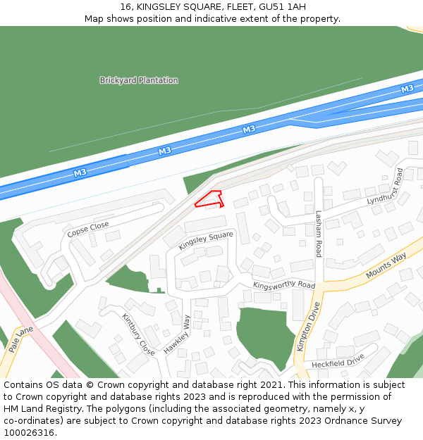 16, KINGSLEY SQUARE, FLEET, GU51 1AH: Location map and indicative extent of plot