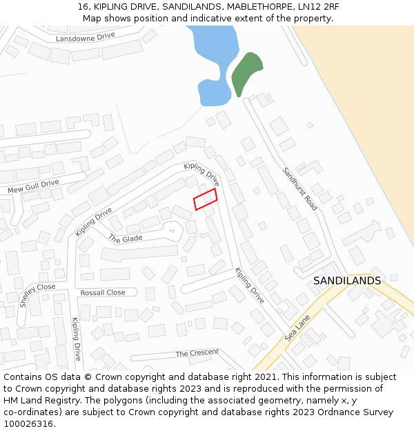 16, KIPLING DRIVE, SANDILANDS, MABLETHORPE, LN12 2RF: Location map and indicative extent of plot