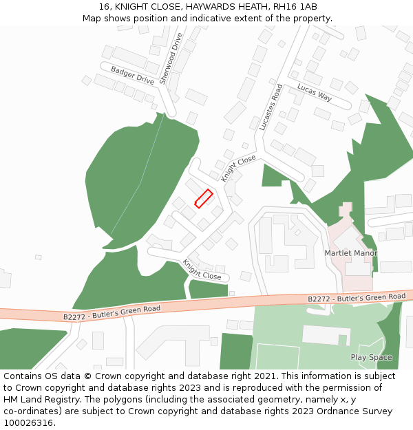 16, KNIGHT CLOSE, HAYWARDS HEATH, RH16 1AB: Location map and indicative extent of plot