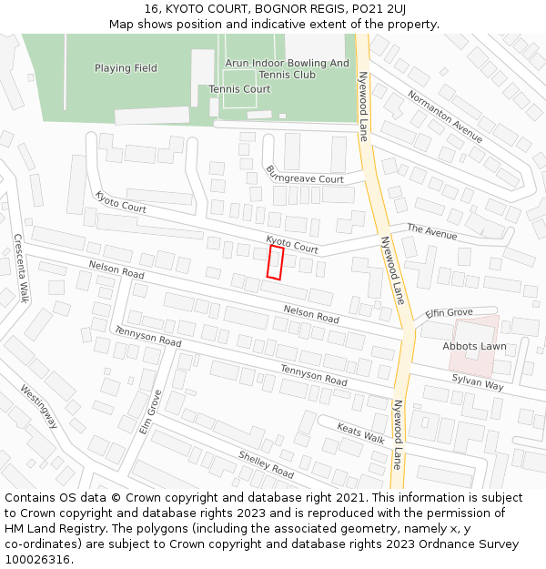 16, KYOTO COURT, BOGNOR REGIS, PO21 2UJ: Location map and indicative extent of plot