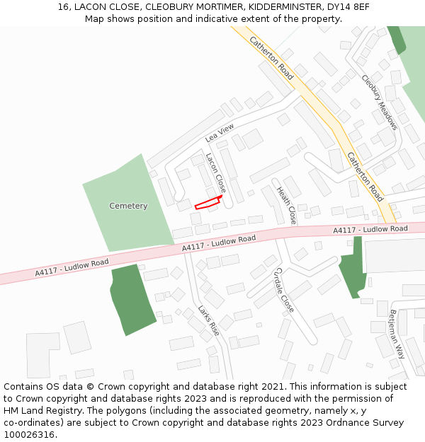 16, LACON CLOSE, CLEOBURY MORTIMER, KIDDERMINSTER, DY14 8EF: Location map and indicative extent of plot