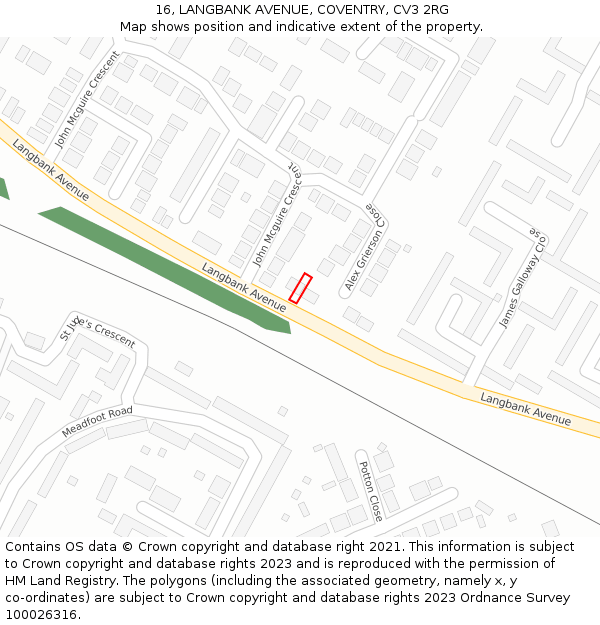 16, LANGBANK AVENUE, COVENTRY, CV3 2RG: Location map and indicative extent of plot