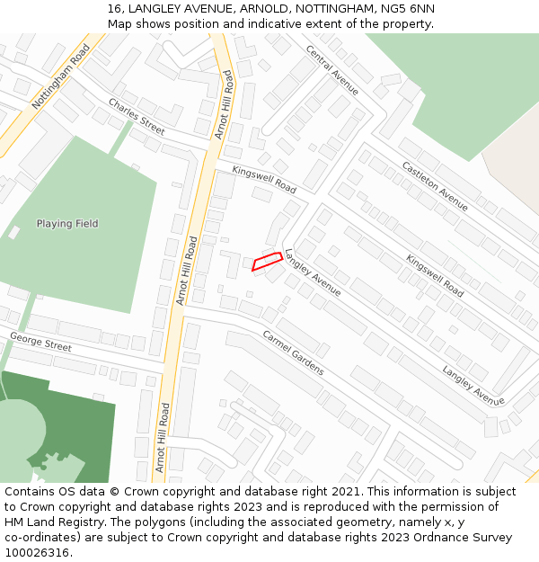 16, LANGLEY AVENUE, ARNOLD, NOTTINGHAM, NG5 6NN: Location map and indicative extent of plot