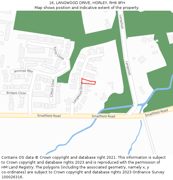 16, LANGWOOD DRIVE, HORLEY, RH6 9FH: Location map and indicative extent of plot