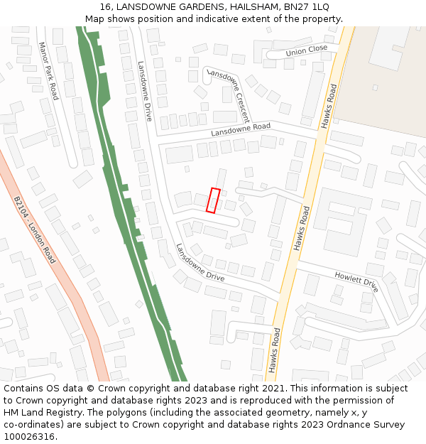 16, LANSDOWNE GARDENS, HAILSHAM, BN27 1LQ: Location map and indicative extent of plot