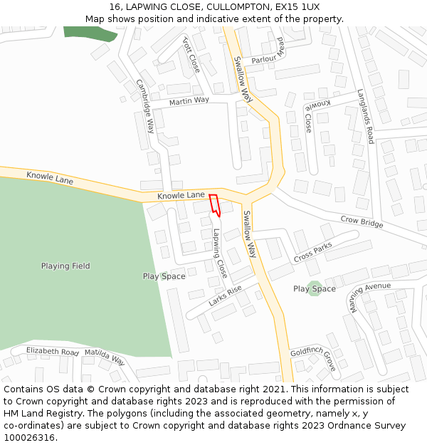 16, LAPWING CLOSE, CULLOMPTON, EX15 1UX: Location map and indicative extent of plot