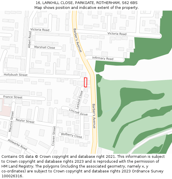 16, LARKHILL CLOSE, PARKGATE, ROTHERHAM, S62 6BS: Location map and indicative extent of plot