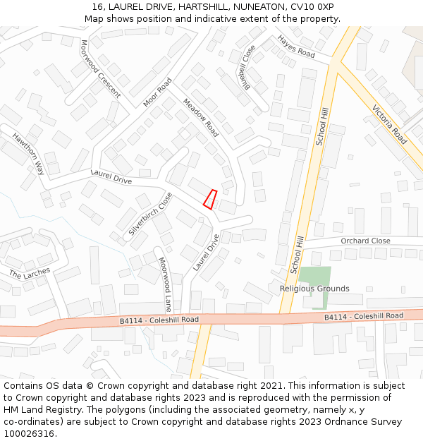 16, LAUREL DRIVE, HARTSHILL, NUNEATON, CV10 0XP: Location map and indicative extent of plot