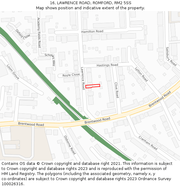 16, LAWRENCE ROAD, ROMFORD, RM2 5SS: Location map and indicative extent of plot