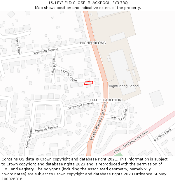 16, LEYFIELD CLOSE, BLACKPOOL, FY3 7RQ: Location map and indicative extent of plot