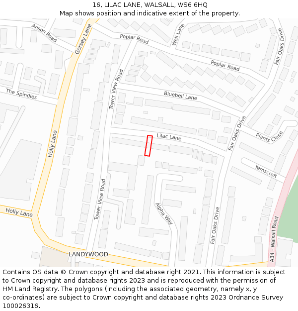 16, LILAC LANE, WALSALL, WS6 6HQ: Location map and indicative extent of plot