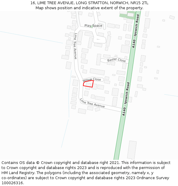 16, LIME TREE AVENUE, LONG STRATTON, NORWICH, NR15 2TL: Location map and indicative extent of plot