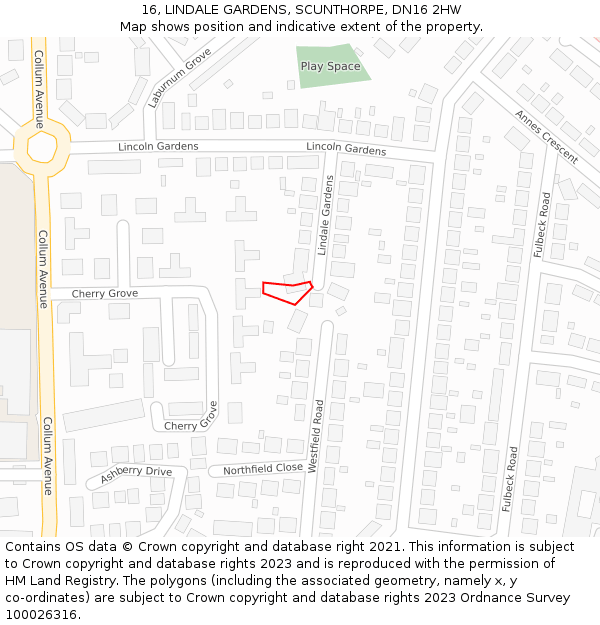 16, LINDALE GARDENS, SCUNTHORPE, DN16 2HW: Location map and indicative extent of plot