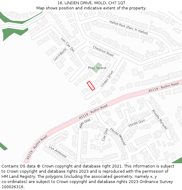 16, LINDEN DRIVE, MOLD, CH7 1QT: Location map and indicative extent of plot