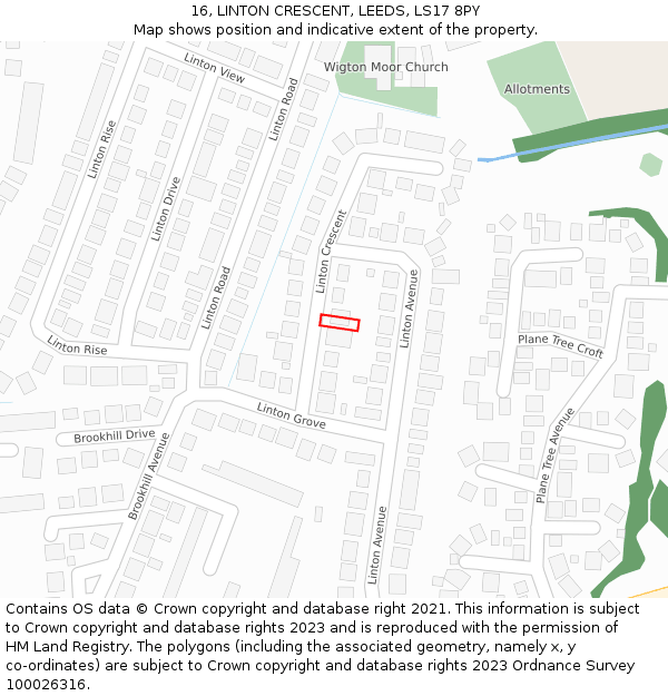 16, LINTON CRESCENT, LEEDS, LS17 8PY: Location map and indicative extent of plot