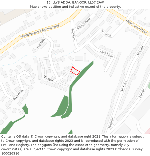 16, LLYS ADDA, BANGOR, LL57 2AW: Location map and indicative extent of plot